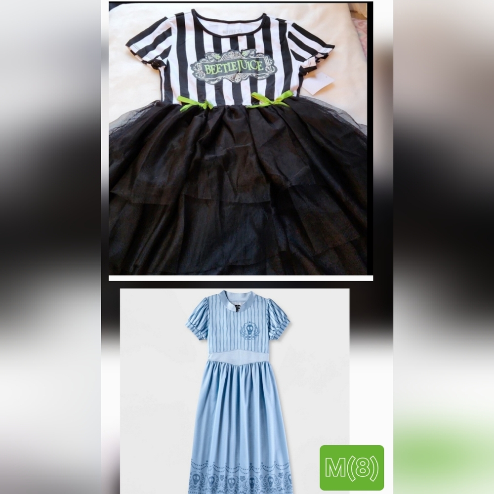 Beetlejuice Black and White Striped Kids Dress W Blue Night Gown Sz M(8)